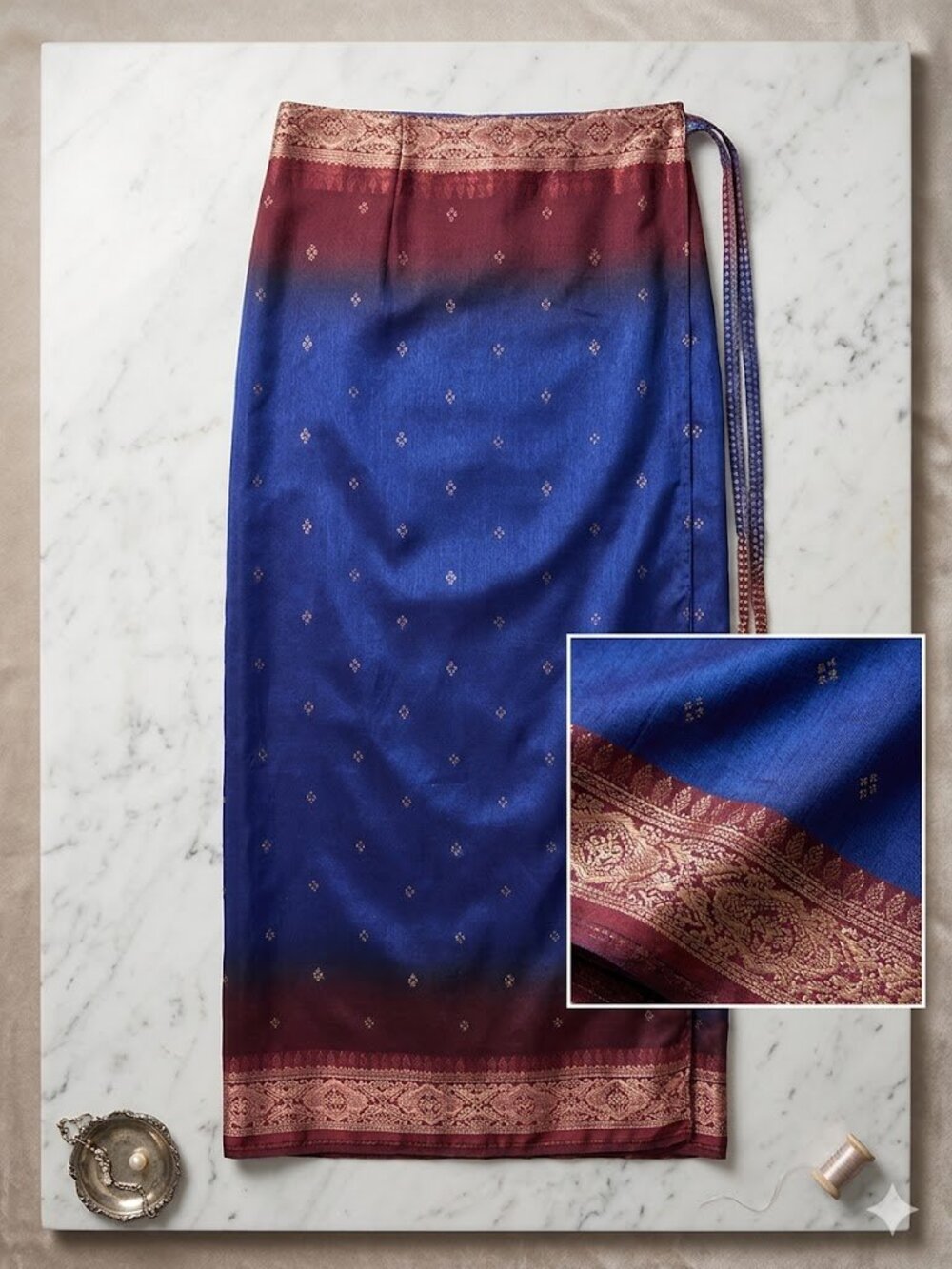 Vintage Thai Silk Wrap Maxi Skirt Sarong Ombre Blue Burgundy Boho